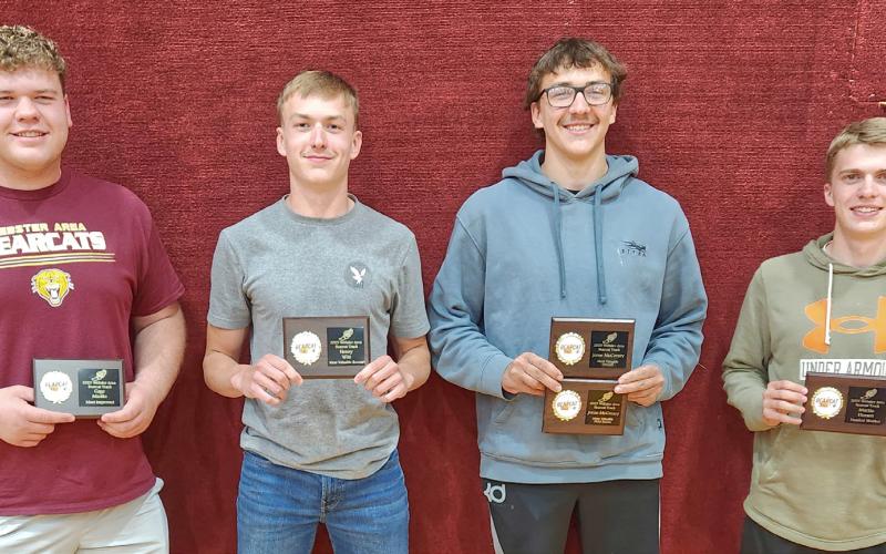 Webster Area boys track and field athletes hold up their end of season awards. From left Gage Miotke was awarded most improved, Henry Witt was awarded most valuable runner, Jeron McCreary was awarded most valuable for field events and Mike Bartos award for most valuable overall, Martin Dorsett was awarded hardest worker. Reporter &amp;amp; Farmer | subscriber snapshot