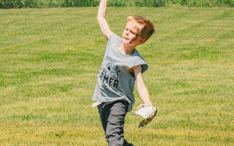Colt Allen makes a throw from the outfield during a Muskrat baseball game at Eden Days June 28. He is the son of Ethan and Becky Allen of Eden. Reporter &amp;amp; Farmer | Leyton Beardslee
