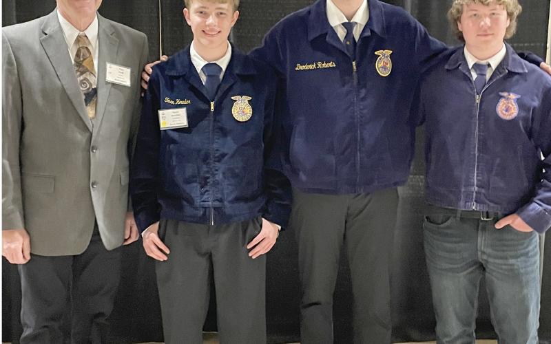 From left, coach Fred Zenk is pictured with Webster FFA team of Tevin Howder, Dylan Carlson and Brayden Aadland who competed at the National Range Judging Event May 2 near El Reno, OK. The South Dakota team placed 13th at the event. While in Oklahoma City the teams toured the National Bombing Site Museum and the National Cowboy and Western Heritage Museum. Reporter &amp;amp; Farmer | Subscriber snapshot