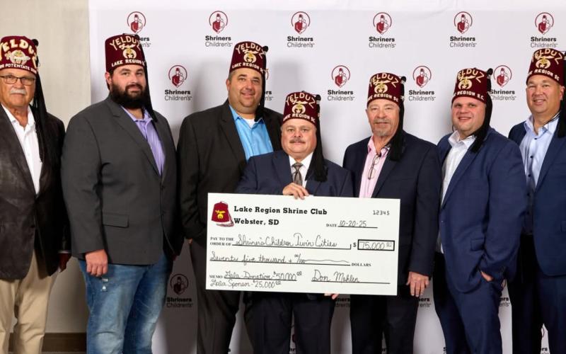 Lake Region Shrine Club made a $75,000 donation to Shriner’s Children Twin Cities, which provides medical care to children regardless of their family’s ability to pay, during their annual gala at the Minnesota Mall of America Oct. 25. Lake Region Shrine Club members are, from left, Mark Christensen, Jordan Michlitsch, Rob Kading, Dennis Bremmon, Josh Bartos, Gary Fellbaum and Elliot Christensen. Reporter &amp;amp; Farmer | Subscriber snapshot