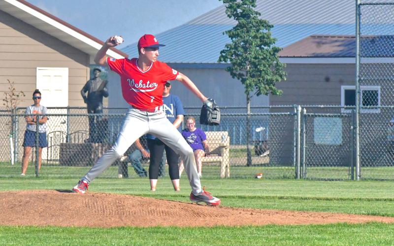 Hudson Lesnar starts on the mound during Webster’s game against Lake Norden June 5. Lesnar allowed four hits and six runs over his four innings of pitching and his pitching helped the team secure a 16-6 victory for the first game of the night. Reporter &amp;amp; Farmer | Connor Handrahan
