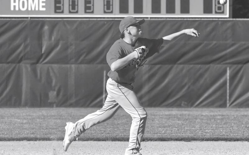 Karstyn Schlecter of Webster VFW Teeners makes a throw to first for the out during the Teeners 6-5 win in their first game against Clear Lake at Bob Wiley Field July 8. Schlecter scored a run during the game to aid the Teeners in their victory. Reporter &amp;amp; Farmer \\ Leyton Beardslee