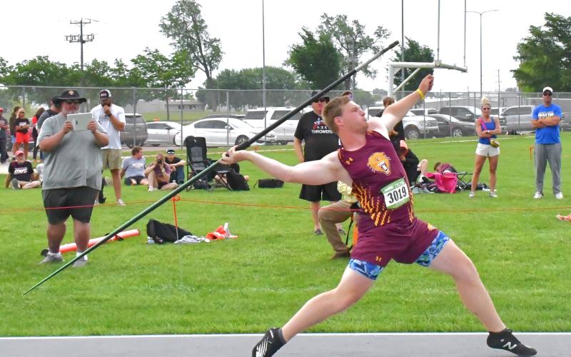 Webster Area track and field attended the state meet May 28-30 in Sioux Falls at Howard Wood Field. Matthew Mount takes his second attempt during the javelin throw. Mount got 168’ 4” on his first attempt, which was good enough to place first. On his second attempt he threw 176’ 9” which not only solidifed his first place, but was also a new state meet record. Reporter &amp;amp; Farmer | Connor Handrahan