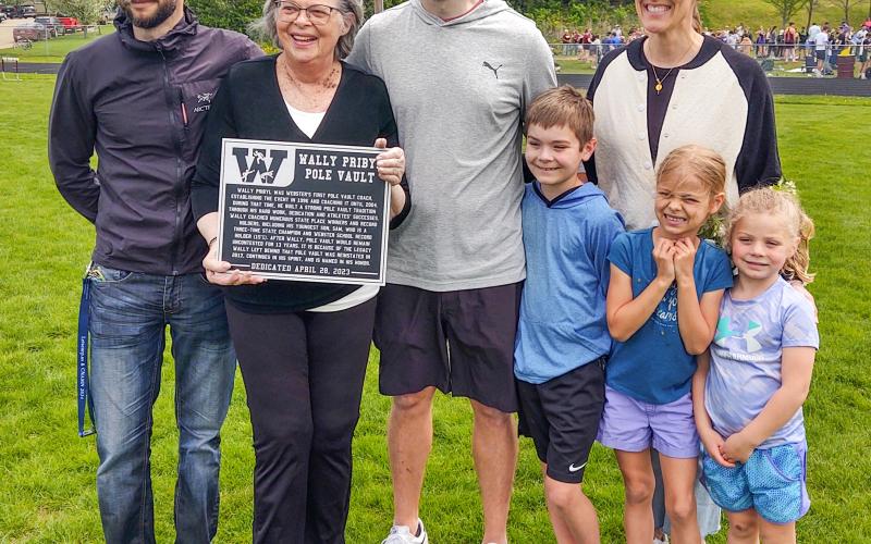 Members of the late Wally Pribyl’s family attended a dedication ceremony of the pole vault pit at the Webster Area Sports Complex May 16. Pictured from left are Wally Pribyl’s son Todd Pribyl, wife Kathy Pribyl, son Sam Pribyl and his wife Mary and their three children Tommy, Bridget and Elizabeth. Reporter &amp;amp; Farmer |Suscriber snapshot