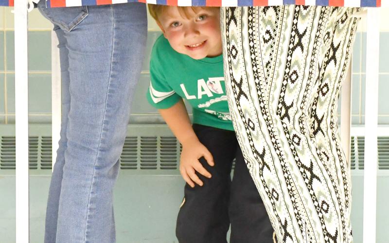 Four-year-old Colton Carlson peeks out from under the privacy curtain of the voting booth where his mom Crystal Carlson was casting her ballot in the June 4 primary. Crystal Carlson brought both kids, Colton and older sister Charley, 10, to the polls at the Day County Courthouse that day so they could learn about the voting process. Reporter &amp;amp; Farmer | Amanda Dulitz