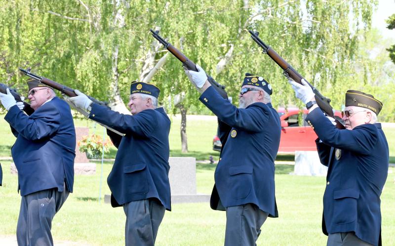 To honor those fallen service men and women, honor guards attended area cemeteries to pay their respects through firing a volley and playing of taps Memorial Day. Here, American Legion members Tom Lewno, Paul Peterson, Doug Lynch and Ralph Oakland aim and fire at Webster Cemetery Soldiers Circle before heading into the Memorial Day program at the high school. Reporter &amp;amp; Farmer | Amanda Dulitz