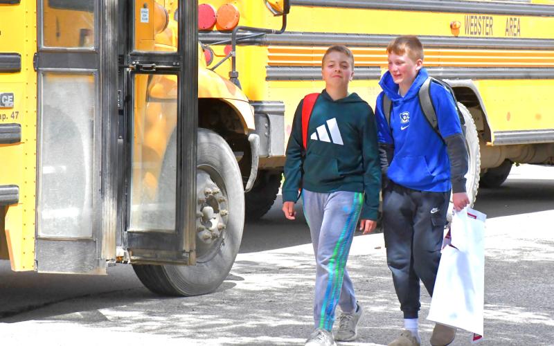 From left, Gunnar Lesnar and Decker Huggett joke and laugh as they walk out of Webster Area School on the final day of school May 18. Reporter &amp;amp; Farmer | Connor Handrahan