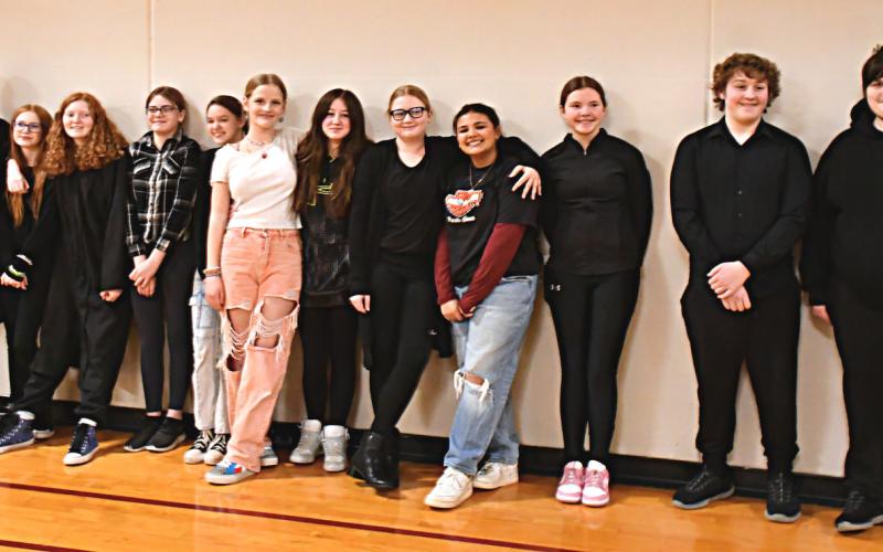 Webster Area School students show their one act play, Bus Stop Jan. 25. From left, director Alicia Garrett, Lidia Franson, Kalli Holman, Cheyenne Powel, Taylee Cyrus, Kloey Garrett, Joanna Lone, Karley Lone, Ava Huggett, Arianna Altstadt, Liam Dauwen, Will Inderrieden. Reporter &amp;amp; Farmer | Connor Handrahan