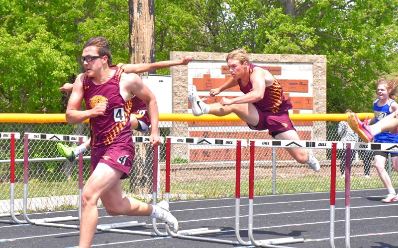 Jeron McCreary and Gage Baumgarn participate in the 110m hurdles at the Webster Invitational May 21. McCreary placed first with a time of 15.74 and Baumgarn placed second with a time of 17.05. Reporter &amp;amp; Farmer | Connor Handrahan