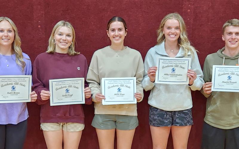 Webster Area academic all-state award recipients from left to right are: Katie Braun, Lydia Vogl, Allie Case, Abby VanderLinden and Martin Dorsett; not pictured is Erin Sannes. Requirements for this award are to be a senior, have been in track for three years and have a cumulative GPA of 3.5 or better. Reporter &amp;amp; Farmer | subscriber snapshot