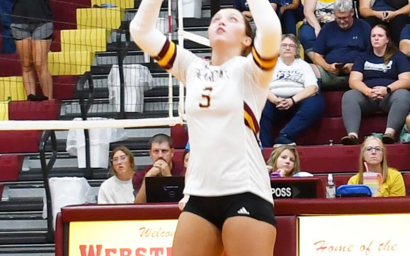 Harley Johnson looks to set up her teammates as Webster Area volleyball took on Great Plains Lutheran Aug. 27. Webster Area would ultimately lose the contest in four sets. Reporter &amp;amp; Farmer | Brenner Cariveau