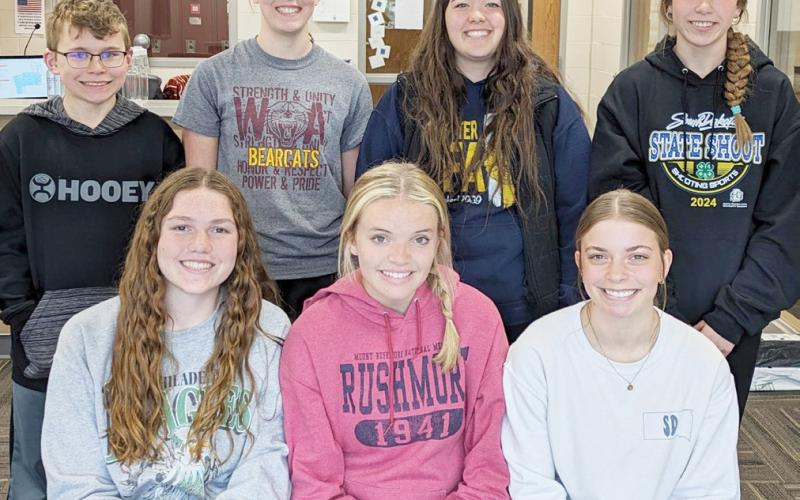 Webster Area Middle and High School students of the month for April, by grade, from left are front, 10th Karli Sannes, 11th Abby Vander Linden, ninth Kenley Grewe; back, sixth Cane Bjerke, seventh Samantha Ermer, 12th Joslyn Haugen and eighth Macee McGregor. Reporter &amp;amp; Farmer | Subscriber snapshot