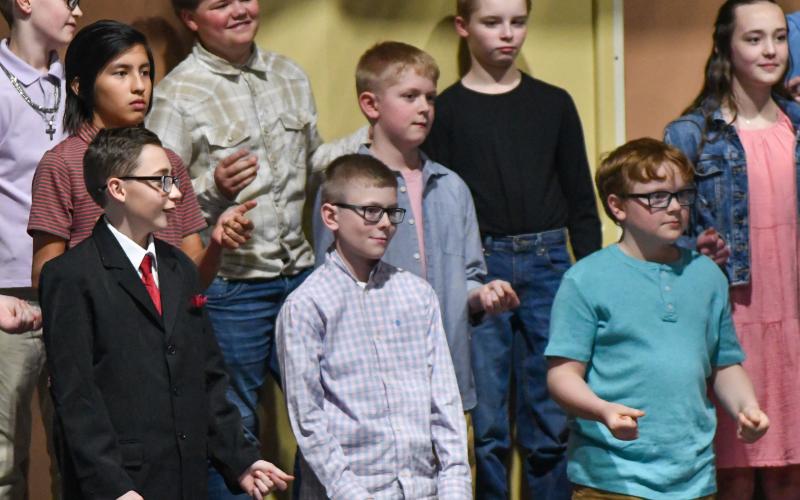 Webster Area Elementary students performed their spring concert April 18. Pictured in back from left are Drake Dargatz, Marshall Peckham, Dawson Kwasniewski and Tegan Howder; in middle are Jacob Salinas and Hunter Sinner; in front are Shawn Grajczyk, Maverick Coester and Casen Fish. Reporter &amp;amp; Farmer | Amanda Dulitz
