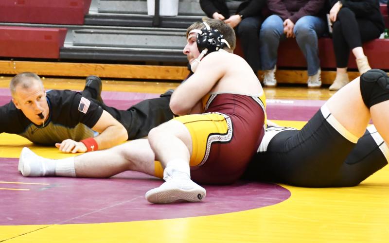Bearcats wrestling hosted the Webster Area Triangular Jan. 30 at the amory. Here, Matthew Angiolelli holds his opponent in a headlock. Reporter &amp;amp; Farmer | Brenner Cariveau