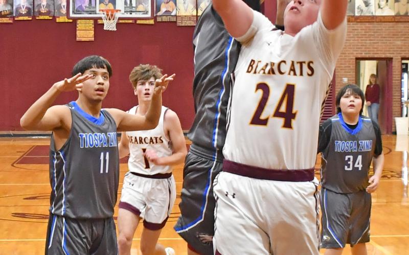 Webster Area Bearcat McKoy Pereboom goes up for a basket inside the paint Jan. 7 against Tiospa Zina. Pereboom contributed six points to the Bearcat’s score of 78 for the night versus the Wambdi’s 38. Reporter &amp;amp; Farmer | Brenner Cariveau