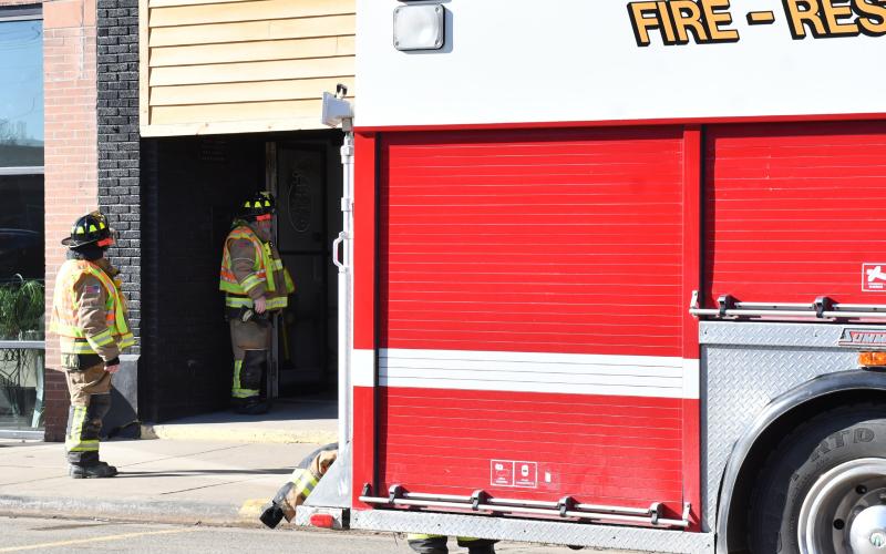 Webster Fire Department personnel from left, LaRome Kwasniewski and assistant fire chief Eric Kwasniewski respond to a call regarding a gas leak odor at 705 Main St. in Webster Feb. 12. The leak was determined to be coming from the feed line of a gas meter and no damage was sustained. Reporter &amp;amp; Farmer | Leyton Beardslee