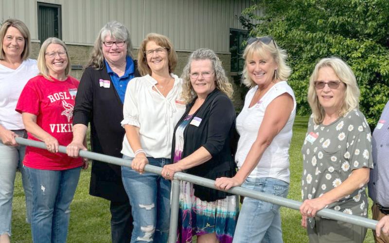 Roslyn High School graduates reuniting after 45 years are from left, Michael Lesnar, Lori Steiner Opitz, Shelley Storley Deutsch, Kari Litch Lee, Jackie Michlitsch Schmidt, Nancy Bell Myers, Jane Steiner Duerre, Judy Steiner Hendrickson and Bruce Eidahl.