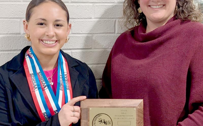 Webster Area High School student Jocelyn Rumpca, left received superior in serious and superior with distinction in humor awards at State Oral Interp competition in Watertown. Chelsea Larson, right, is coach of the school’s oral interp team which earned a state team excellence award. Reporter &amp;amp; Farmer | Subscriber snapshot