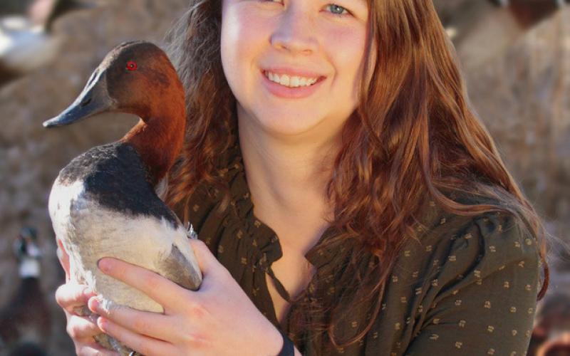 Madison Grimm founder of Second Chance Flight holds up a Redhead duck. Grimm’s nonprofit is one of two duck egg salvage programs in the U.S. working to rescue and rehabilitate ducklings and eggs which have had their nests destroyed by agricultural activity. Reporter &amp;amp; Farmer | Subscriber snapshot