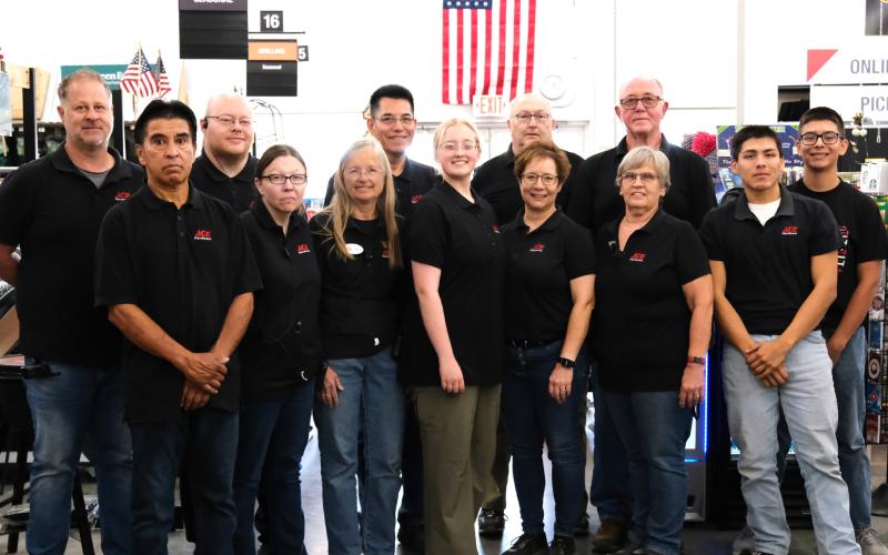Ace Hardware employees are, from back left, Greg Rydberg, Brian Hoff, co-owner Alfredo Garduno, and employees Gary Sauer, Ron Christensen and Kason Garduno. Front, from left, is Jeff Salinas, Jackie Stange, Bev Martinson, Courtney Simonson, co-owner Shannon Garduno, and employees Nila Christensen and Kingston Ryan.