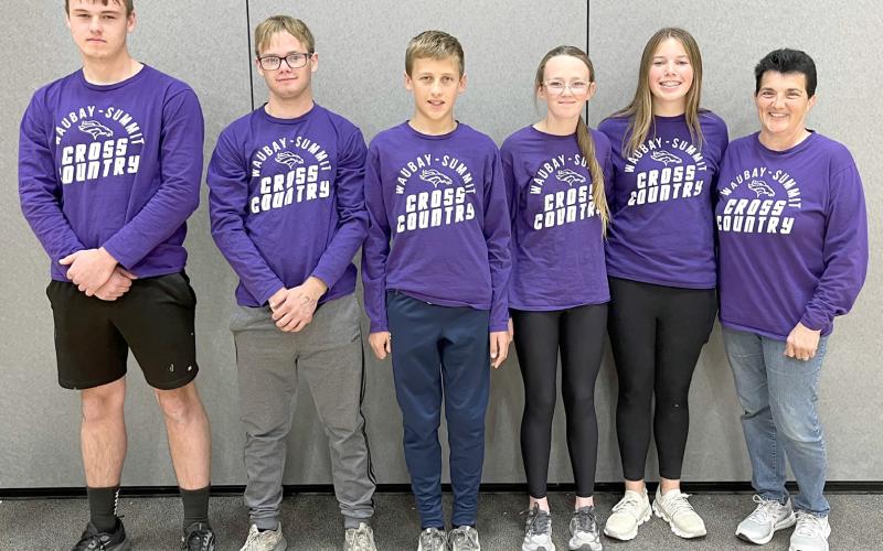 Waubay-Summit Mustang 2024 cross country team are left Nolan Thuringer, Jayven Maag, Carsyn Grebner, Paisley Maag, Avery Bronson and Head Coach Susan Zirbel.