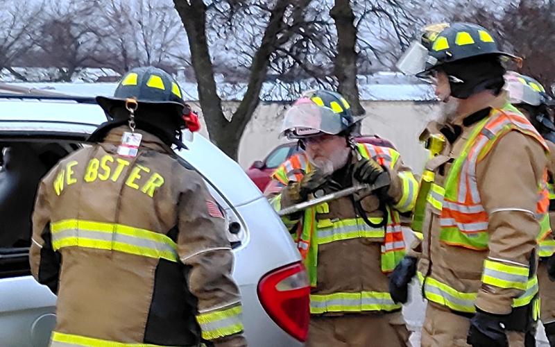 Members of the Webster Volunteer Fire Department underwent a training session April 8, using a wrecked vehicle donated by Bill Price to practice extrication exercises. From left is Leonard Deibert, Eric Kwasniewski and Wes Hoven. Reporter &amp;amp; Farmer | Subscriber snapshot