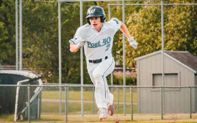 Martin Dorsett of Webster Legion Post 40 sprints home to score the winning run in the bottom of the fifth inning of Webster’s 2-1 win over Sisseton June 30. Dorsett led off the inning with a single and was batted in by Blaize Amdahl. Reporter &amp;amp; Farmer | Leyton Beardslee
