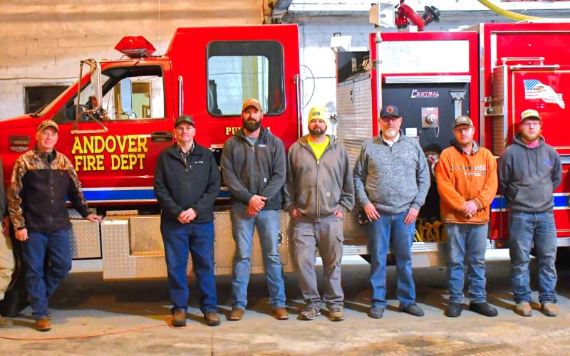 Andover Fire Department recieved a $5,000 grant from South Bow Jan. 6. From left, Cory Schuring, Scott Schuring, Bill Lamee, Jesse Morehouse, Alex May, Chris Barse, Chad Furney, Caleb Furney and Bryce Raap plan to use the grant money to help update equipment and keep the community safe. Reporter &amp;amp; Farmer | Connor Handrahan