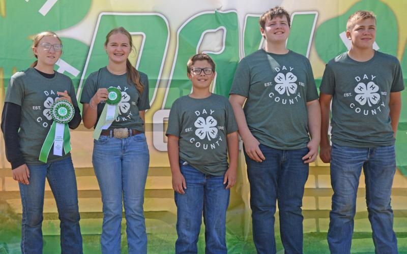 Junior swine showmen at the Day County Fair were, from left, grand champion Brooke Meland, reserve champion Claire Torrence, third place Parker Zirbel, fourth place Carson Fischer and fifth place Aiden Gaikowski. Reporter &amp;amp; Farmer | Annie Witt