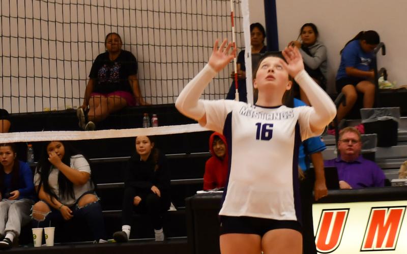 JoZee Snyder aims to set up one of her teammates in Waubay/Summit’s matchup against Tiospa Zina Sept. 10. The Mustangs would go on to lose the contest in four sets. Reporter &amp;amp; Farmer | Brenner Cariveau