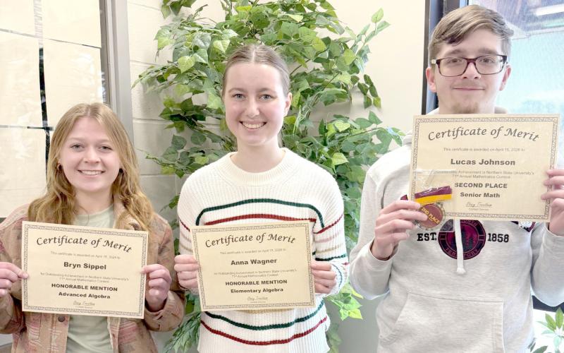 Webster Area High School took 47 students and placed third of 16 schools competing in the NSU Math Contest April 15. Total students testing in each category were 84 in Elementary Algebra, 85 in Geometry, 80 in Advanced Algebra and 58 in Senior Math. Pictured from left are honorable mention recipients Bryn Sippel-Advanced Algebra, Anna Wagner-Elementary Algebra and Lukas Johnson who placed second in Senior Math after a tie breaker. Reporter &amp;amp; Farmer | Subscriber snapshot