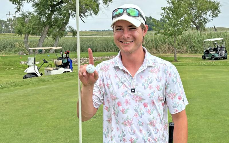 Webster native Riley Reetz achieved a golfer’s ultimate goal July 13 at Roy View Country Club, Lake City where he hit a hole-in-one. Here, Reetz poses with his golf ball. Reporter &amp;amp; Farmer | Subscriber snapshot