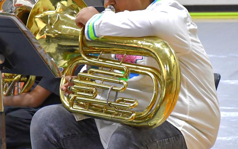 Kirwin Roberts plays the tuba during the band’s performance April 24. Waubay School welcomed the public to their music concert where middle and high schoolers performed classic musical pieces. Reporter &amp;amp; Farmer | Connor Handrahan