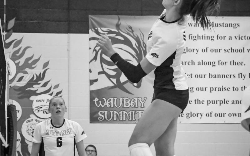 Addison Heinje (10) of Waubay/Summit Mustangs spikes the ball watched on by Caley Boik (6) during their 3-0 match win over Leola/Frederick in Waubay Aug. 28. Heinje led the team in digs with 25 and also managed 10 kills. Reporter &amp;amp; Farmer | Leyton Beardslee