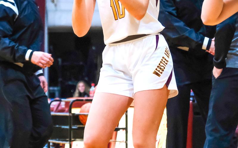 Webster Area sophomore Georgia Vergeldt set a girls school record by hitting six three-pointers during the team’s 62-39 victory over Britton-Hecla Braves Jan. 19 in Britton. Vergeldt (10) pictured Dec. 29 warms up before a Bearcat girls varsity basketball game at Webster Armory. Her statistics from the record setting game include going six of six from three and two of two on two-pointers for a combined 22 points. Reporter &amp;amp; Farmer | file photo, Leyton Beardslee