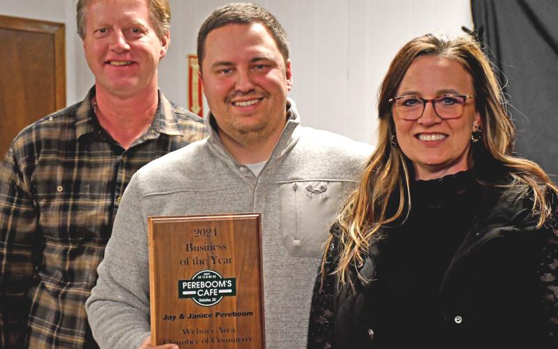 Pereboom’s Cafe was awarded the Webster Area Chamber of Commerce Business of the Year during that organization’s annual meeting Jan. 20. Pictured are Jay Pereboom with outgoing chamber president Eric Hanson and Janice Pereboom. Reporter &amp;amp; Farmer | Amanda Dulitz