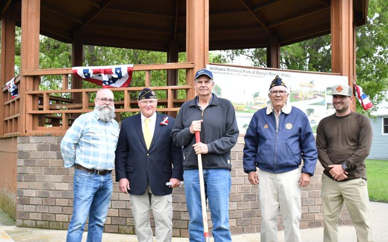 A ground breaking ceremony was held for the new Roslyn Area Veterans Memorial Park May 27. Pictured from left are park designer Rollie Eihdahl, Roslyn American Legion Commander Terry Corner, Roslyn Town Council President Tom Lee, Grenville American Legion Commander Dennis Lewandowski and veteran Levi Jensen. See page 16 for a digital rendering of the future memorial. Reporter &amp;amp; Farmer | Luke Caputo