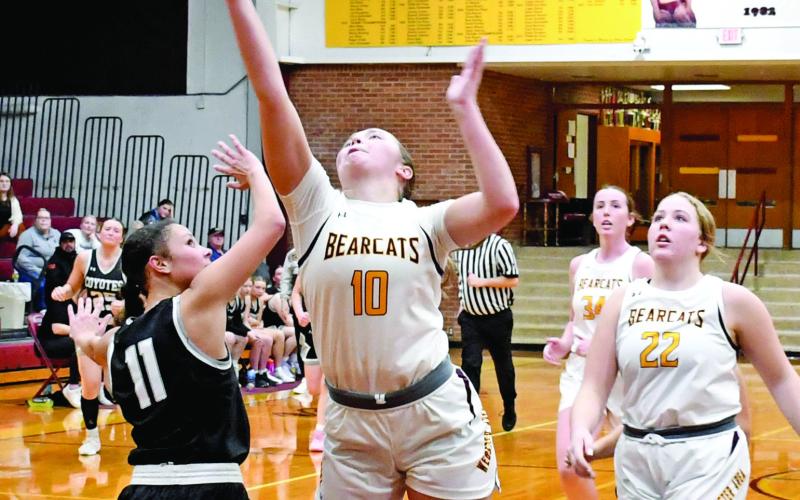 Webster Area Bearcats girls basketball hosted the Waverly/South Shore Coyotes Jan. 27. Bearcats won with a final score of 61-43. Here, Harley Johnson (10) attempts a layup as her teammates Bailee Ninke (22) and Erin Sannes (34) follow close behind while Waverly/South Shore’s Dashaya Koch (11) attempts to block the shot. Reporter &amp;amp; Farmer | Robert Dulitz