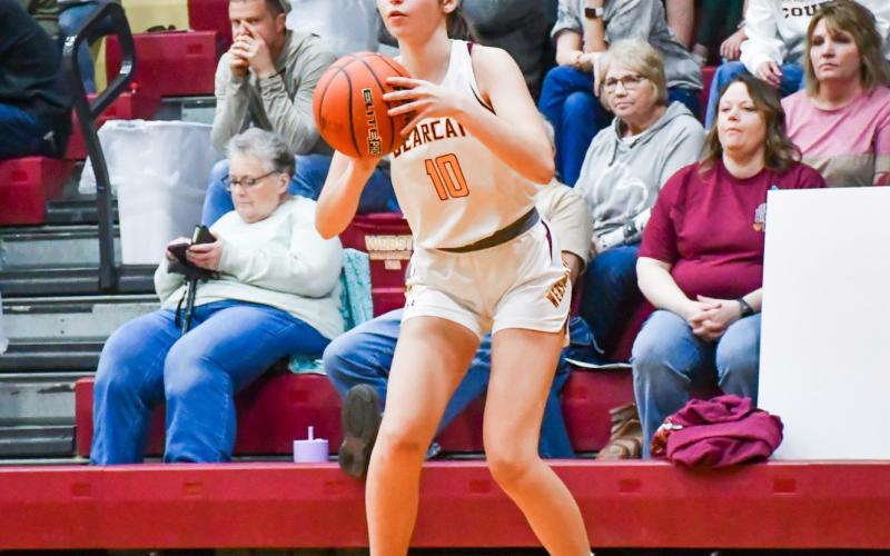 Georgia Vergeldt (10) of Webster Area attempts a three-pointer during their 46-33 win against Leola/Frederick Titans Feb. 14 at Webster Armory. Vergeldt led the offense for the Bearcats with 14 points and four rebounds. Reporter &amp;amp; Farmer | Leyton Beardslee