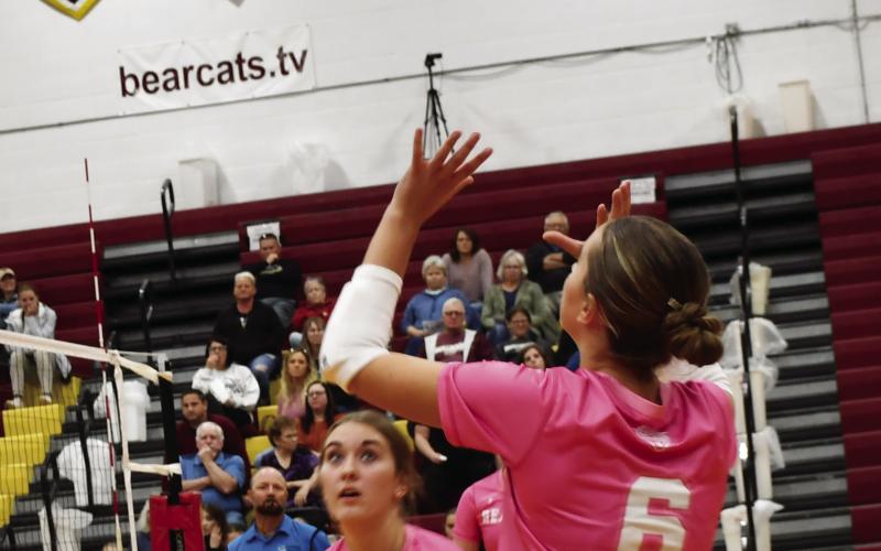 Allison Case (6) attempts to set up her teammates as the Webster Area Bearcats faced off against the Milbank Bulldogs Oct. 1. at the armory. The Bearcats won the match in four sets. Also pictured is Mallory Steiner (10). Reporter &amp;amp; Farmer | Brenner Cariveau