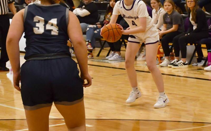 Waubay-Summit girls basketball hosted Great Plains Lutheran Feb. 20 in Summit which ended in an 18-55 loss for the Mustangs. Here, Regan Schmidt (4) gears up to take a three as a Great Plains Lutheran defender guards the interior. Reporter &amp;amp; Farmer | Brenner Cariveau