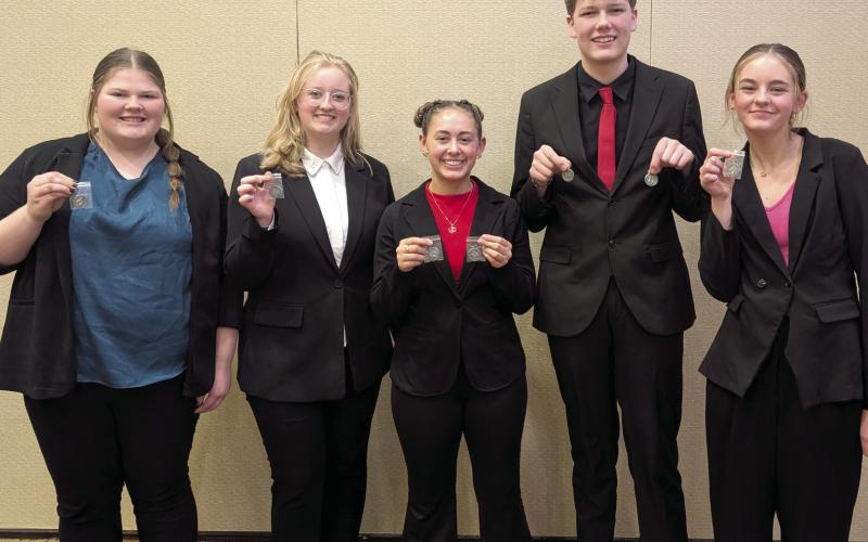 Webster Area School students competing at the region oral interp competition Nov. 19 and advancing to state in Reader’s Theater are, from left, Kelsey Fischer, Courtney Simonson, Jocelyn Rumpca, Blaize Larson and Marlee Dornbusch. Rumpca will also compete in Serious and Larson in Humorous. State Oral Interp is Dec. 6-7 at Sturgis High School. Reporter &amp;amp; Farmer | Subscriber snapshot
