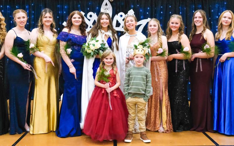 Webster Snow Queen event took place Nov. 22 in the Webster Area High School gymnasium. Participants are, from left, Delilah Buxton, Julie Lesnar, second runner-up Alivia Kuecker, first runner-up LJ Mays, Snow Queen Josie Spiering, junior Snow Queen Remi Hubsch, first runner-up Ayla Bloom, second runner-up Lucy Eidahl, Samantha Ermer, Claire Halverson and Hannah Sonstebo. Front, from left, are snow princess Blakely Hanson and snow prince Grayson Kuecker. Reporter &amp;amp; Farmer | Leyton Beardslee