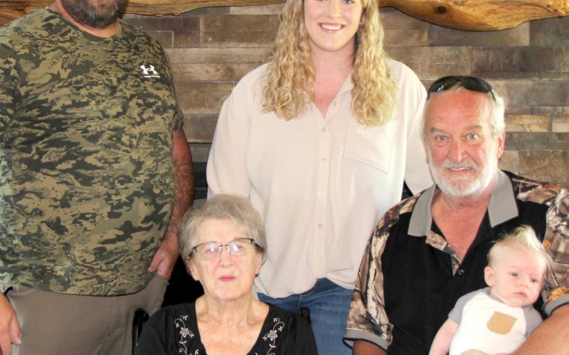 Five generations of the Koslowski family enjoyed getting together. Seated in front are great-great-grandmother Carol Koslowski, great-grandfather Dave Koslowski holding Boden Weber; standing, grandfather Jesse Koslowski and mother Cheyanne Weber. Reporter &amp;amp; Farmer | Subscriber snapshot