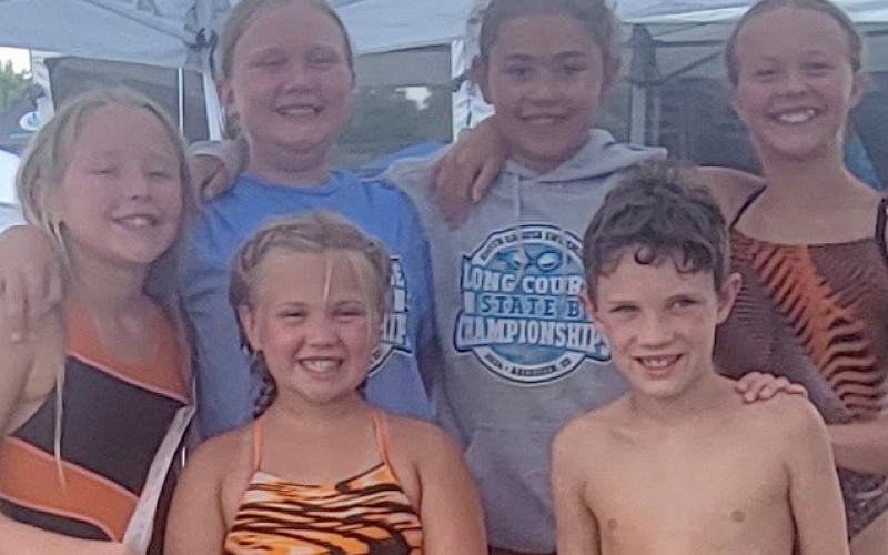 Area swimmers competing in the state B swimming championships, their place and respective category are from left, front, Aaliyah Lone 13th girls 9-10, Jonathan Fosheim first boys eight and under; back, Hadley Rithmiller 17th girls 11-12, Karley Lone 24th girls 11-12, Keisha Rencountre fifth girls 9-10 and Portlyn Johnson 29th girls 11-12. Reporter &amp;amp; Farmer | Subscriber snapshot