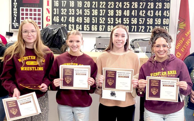 Webster Area School Bearcat wrestling awards were presented March 29. Pictured from left are varsity letter recipients Claire Torrence, most improved; Claire Halvorson, coaches award; Abbi Mays, Macee McGregor, hardest worker (most wins, pins, takedowns, escapes, near falls, tech falls-tie); Jocelyn Rumpca, most valuable (most tech falls-tie and reversals) and Cante Williams. Reporter &amp;amp; Farmer | Subscriber snapshot