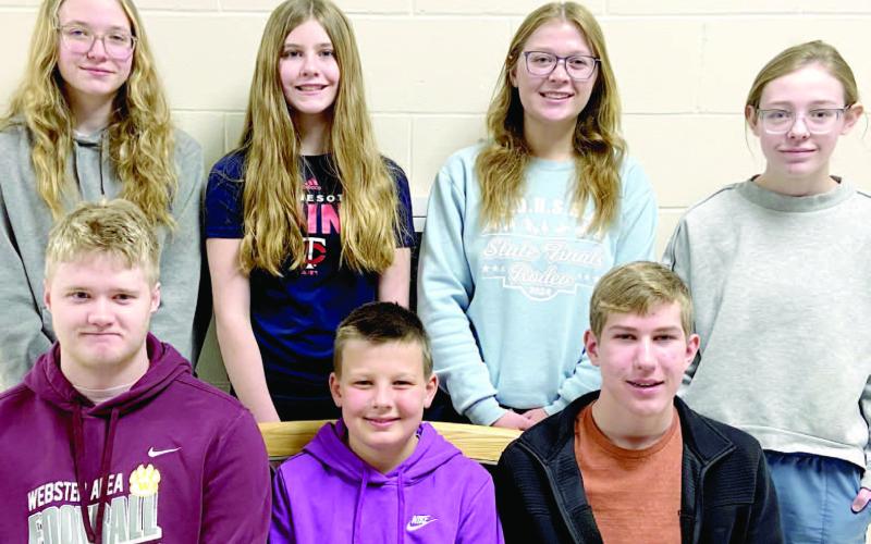 Webster Area Middle and High School March students of the month, by grade, are, from left, front, Isaac Zacher, 12th; Harrison Wagner, sixth; Gabriel Gaikowski, ninth; back, Claire Halvorson, eighth; Brittyn Bloom, seventh; Bryn Sippel, 10th and Taryn Zakrzewski, 11th. Reporter &amp;amp; Farmer | Subscriber snapshot