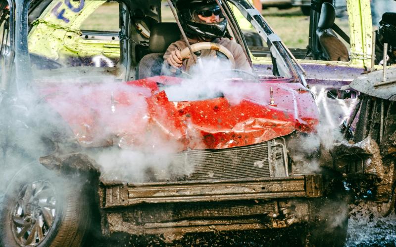 Aaron Toupal of Kimball sustains a hit during the demolition derby at the Day County Fair Aug. 9. Toupal came in second in the minivan category which saw four entries. Reporter &amp;amp; Farmer | Leyton Beardslee