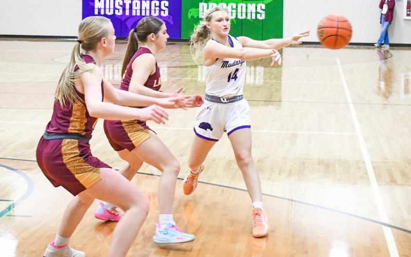 Kayce Berger (14) of Waubay/Summit fires a pass to the corner during the Mustangs 64-24 win against Langford Area Lions Feb. 2 in Waubay. The victory brought Waubay/Summit to a record of 13-2 on the season. Reporter &amp;amp; Farmer | Rob Dulitz