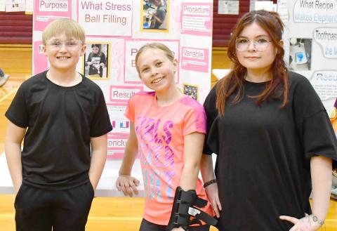 After the Webster Area Elementary wax museum the fifth grade class showcased their science fair projects. Here, Fred Bloom, Areia Lesnar and Italia Dorian did the research to find out what is in a stress ball. Each team did a different item to research. Reporter &amp; Farmer | Jess Washenberger